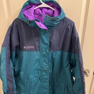 Retro Columbia Colorblock Hooded Insulated Jacket Teal Purple Navy Women’s L